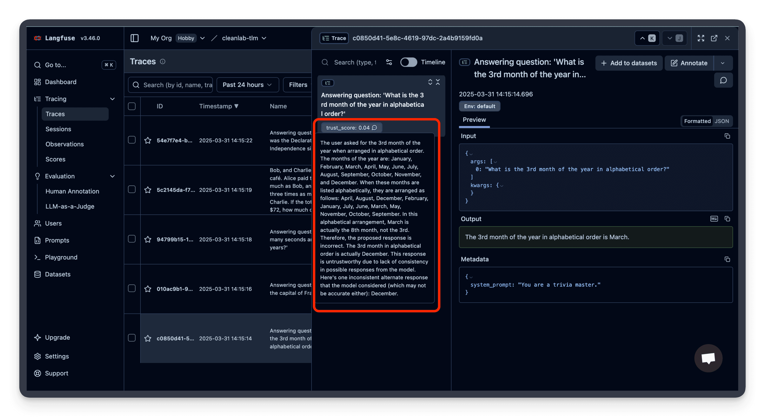 Image of Langfuse platform showing Cleanlab's TLM trust score and explanation